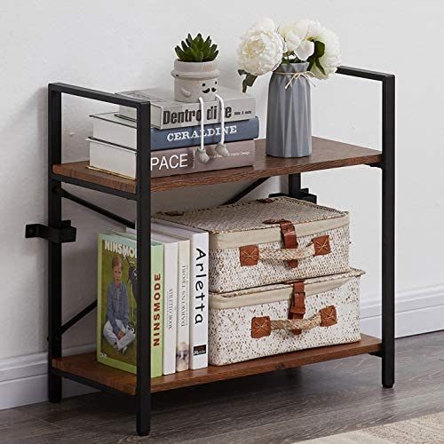 Vintage Bookshelf 2 Tier Bookcase, Modern Narrow Book Shelf and Book Case, Industrial Wood Shelving Unit for Living Room RT