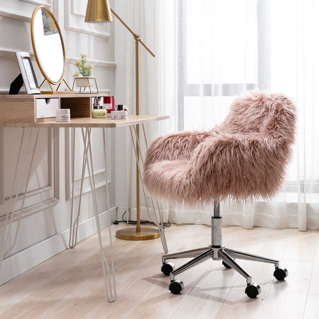 Vanity Chair Fluffy Fuzzy Desk Chair Swivel Adjustable Armless Home Office Chair Chrome Base