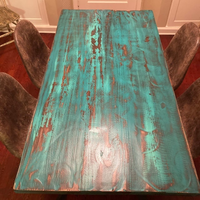 Boho Teal Distressed Reclaimed Wood Dining Table or Desk - Rustic Teal Dining Table