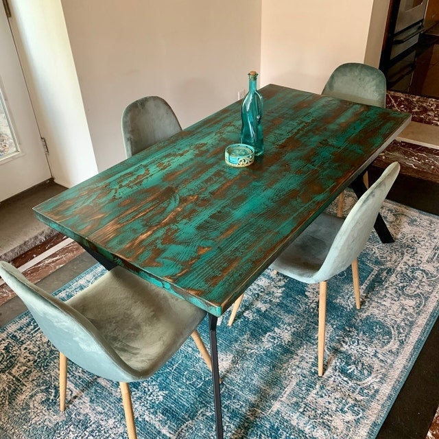 Boho Teal Distressed Reclaimed Wood Dining Table or Desk - Rustic Teal Dining Table